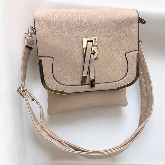 Taupe with‎ Gold Accents Flap Crossbody Bag - Picture 1 of 9